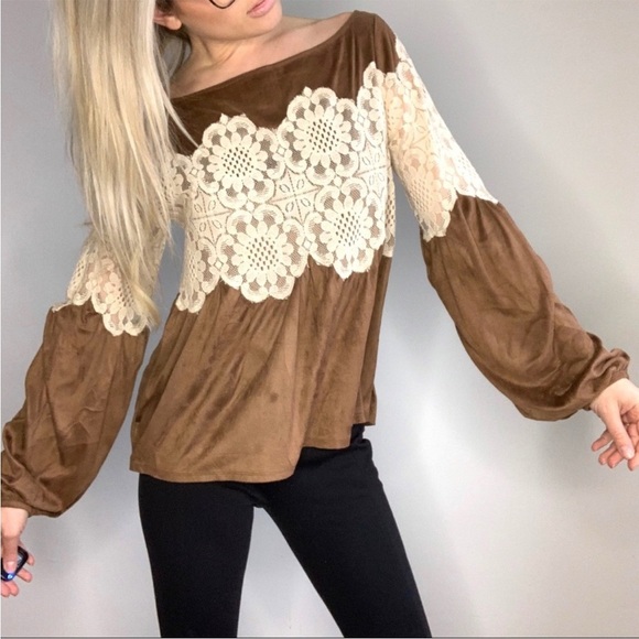 Judith March Y2K Brown Suede & Cream Lace Top M - Picture 1 of 8